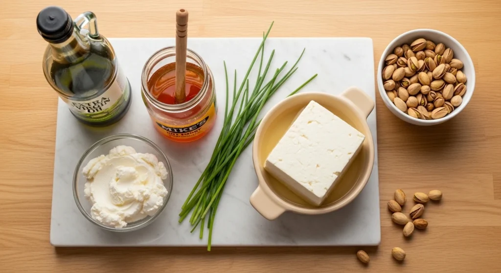 A casual, overhead shot of the ingredients for an easy feta appetizer, including a block of feta in brine, cream cheese, olive oil, hot honey, pistachios, and fresh chives on a kitchen counter.