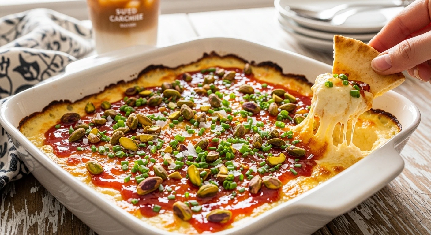 A close-up, natural human-shot photo of a torn piece of crusty sourdough bread scooping up warm, melty sweet baked hot honey feta dip, showing a gooey cheese pull and crunchy pistachio topping.