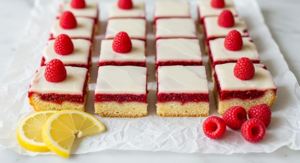 A freshly baked pan of Raspberry Lemon Blondies with a golden crinkle top, tasting just like decadent white chocolate raspberry lemon brownies without the cocoa.