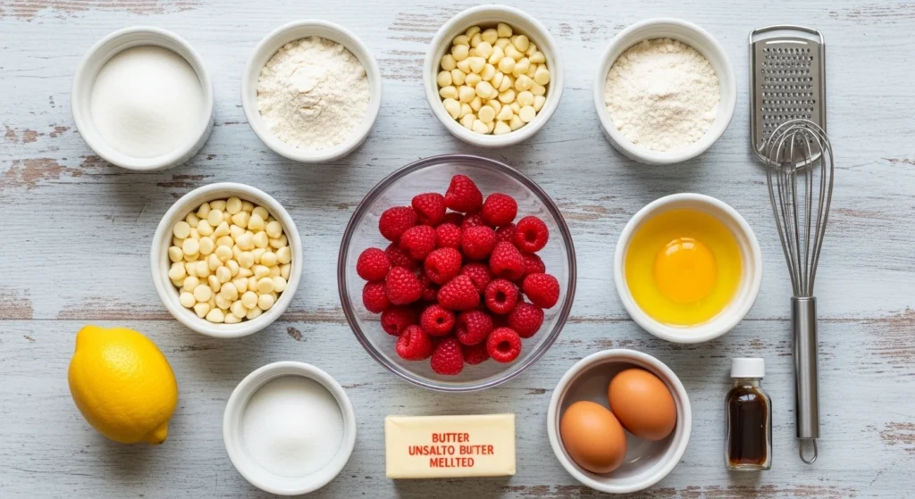 The raw ingredients needed to make easy lemon blondies from scratch, including fresh lemons, red raspberries, white chocolate chips, butter, and flour.