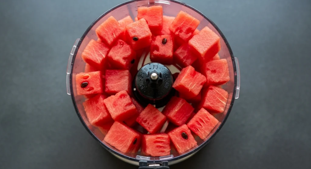 A natural, action-shot close-up of fresh red watermelon chunks being pureed in a blender to make the base for a summer tequila cocktail.