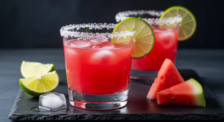A candid, human-shot photo of a bright pink fresh watermelon margarita recipe served over ice with a salted Tajín rim, sitting on a sunny wooden patio table.