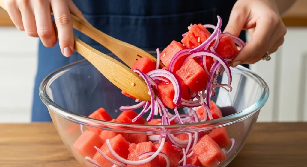 Making this Watermelon Mint Feta Salad is incredibly straightforward. It is practically foolproof!

1.Prep the Watermelon: Cut your cold, seedless watermelon into bite-sized, one-inch cubes. Place the cubes into a large serving bowl.

2.Slice the Veggies and Herbs: Finely slice your red onion. Chiffonade (thinly slice) your fresh mint leaves. Add them to the bowl.

3.Crumble the Feta: Take your block of feta cheese and roughly crumble it over the top of the watermelon mixture.

4.Add the Citrus: Cut a fresh lime in half and squeeze the juice directly over the salad.

5.Drizzle and Serve: Right before you are ready to eat, drizzle the balsamic vinegar over the top. Toss very gently and serve immediately.