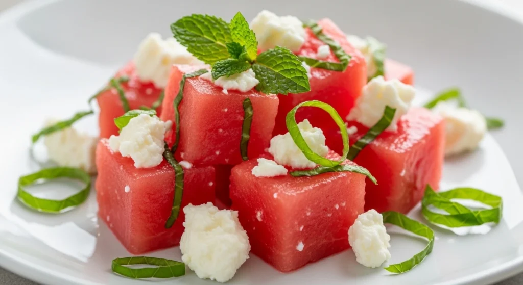 Making this Watermelon Mint Feta Salad is incredibly straightforward. It is practically foolproof!

1.Prep the Watermelon: Cut your cold, seedless watermelon into bite-sized, one-inch cubes. Place the cubes into a large serving bowl.

2.Slice the Veggies and Herbs: Finely slice your red onion. Chiffonade (thinly slice) your fresh mint leaves. Add them to the bowl.

3.Crumble the Feta: Take your block of feta cheese and roughly crumble it over the top of the watermelon mixture.

4.Add the Citrus: Cut a fresh lime in half and squeeze the juice directly over the salad.

Watermelon Mint Feta Salad