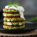 Zucchini Fritters with Yogurt Dip A tall stack of five crispy zucchini and feta fritters topped with creamy herb sauce and a sprig of fresh dill on a black plate.