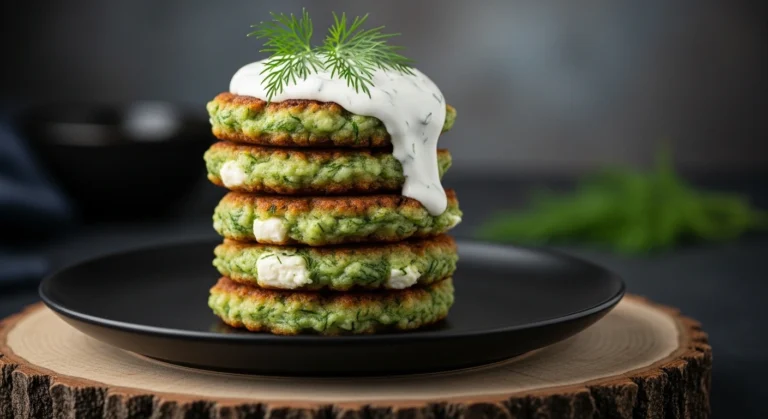Zucchini Fritters with Yogurt Dip A tall stack of five crispy zucchini and feta fritters topped with creamy herb sauce and a sprig of fresh dill on a black plate.