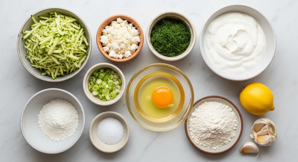 Overhead view of freshly shredded green zucchini in a clear food processor bowl, a key step for making vegetable fritters.