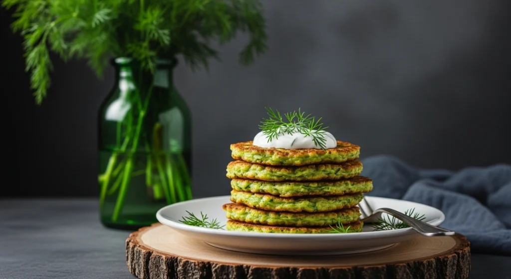 Rows of golden-brown pan-fried zucchini fritters cooling on a parchment-lined baking sheet for easy meal.