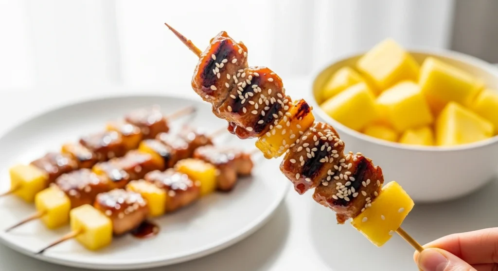 A vertical shot of finished Hawaiian chicken skewers served over a bed of white rice, representing healthy air fryer dinner ideas.