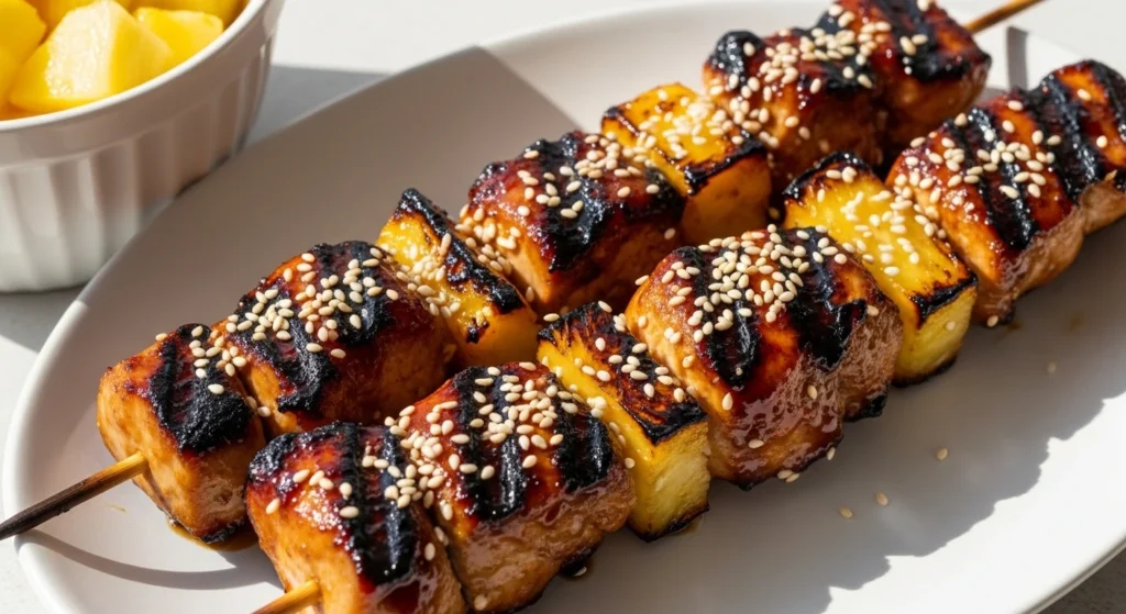 Four raw teriyaki chicken skewers placed in a single layer inside an air fryer basket, showing how long to cook chicken kabobs in an air fryer.