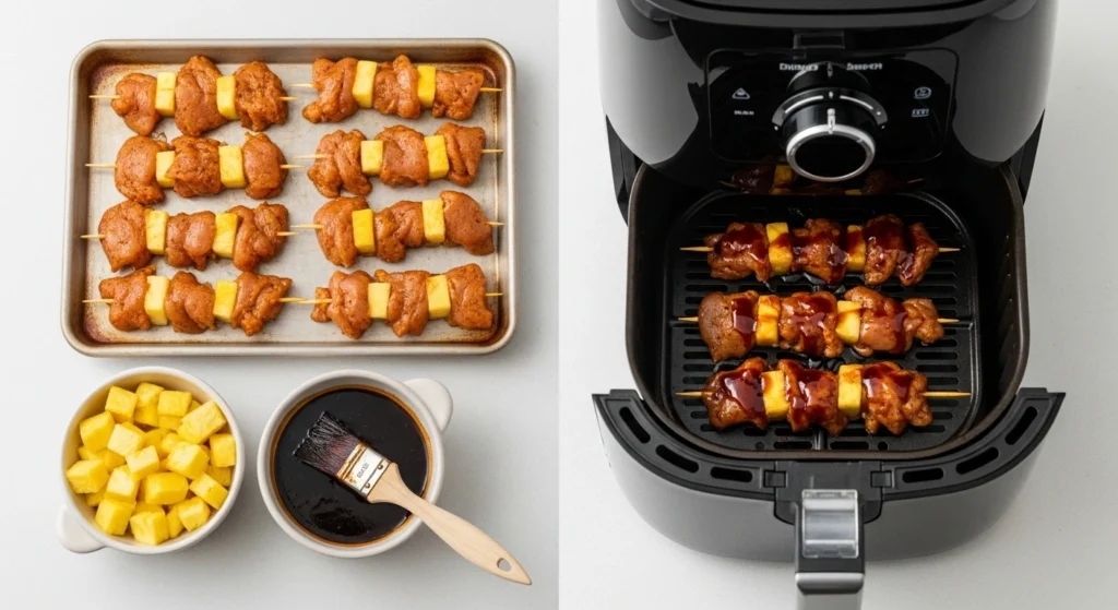 A hand using a silicone brush to coat raw chicken and pineapple chunks in a thick, glossy teriyaki glaze for easy teriyaki chicken skewers.