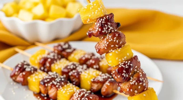 A white plate of sticky air fryer teriyaki chicken kabobs with charred pineapple and bell peppers, garnished with sesame seeds and green onions.