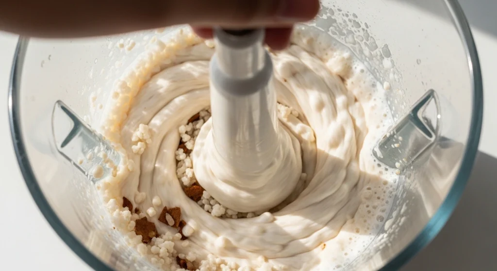 An action shot looking down into a blender as soaked rice and cinnamon are pureed into a smooth, frothy liquid to create the base for a creamy horchata with evaporated milk.