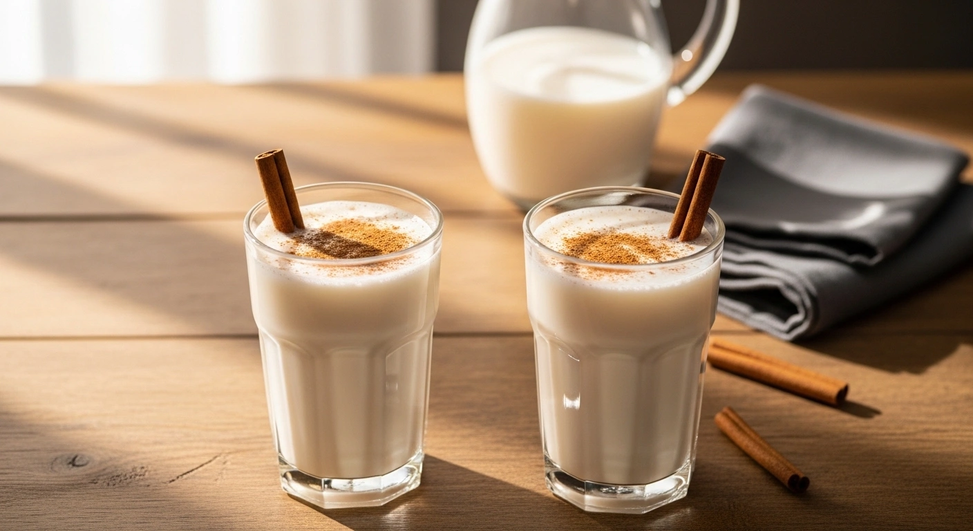 A naturally lit, candid photo of a woman's hand pouring a creamy, authentic horchata recipe from a glass pitcher into an ice-filled glass garnished with a fresh cinnamon stick.
