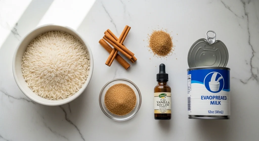 An overhead flat-lay of traditional horchata ingredients including white rice, whole cinnamon sticks, sugar, vanilla, and evaporated milk arranged naturally on a bright kitchen counter.