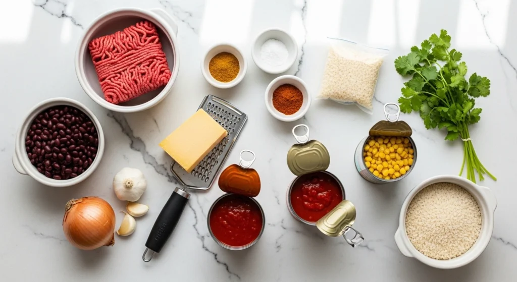An overhead flat-lay of fresh ingredients for a Mexican rice and beef casserole, including ground beef, sharp cheddar cheese, black beans, corn, and spices arranged naturally on a bright kitchen counter.
