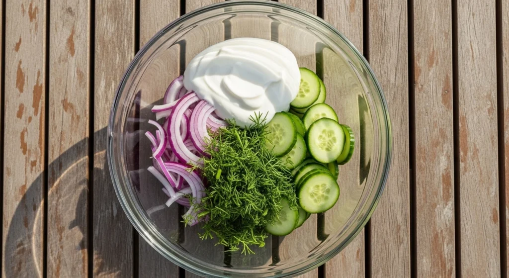 Whisking together sour cream, mayonnaise, white vinegar, and fresh chopped dill in a glass bowl to create the best creamy dill dressing for cucumbers.