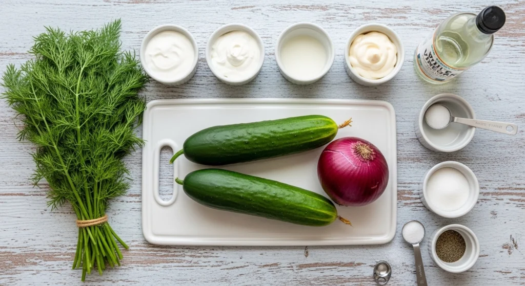 The raw ingredients needed to make an easy cucumber and onion salad with sour cream, including English cucumbers, red onion, mayonnaise, fresh dill, and white vinegar.