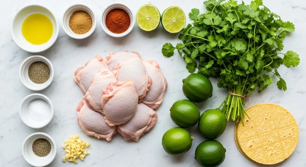 Overhead view of ingredients needed to make healthy Mexican chicken tacos, including raw chicken thighs, fresh cilantro, limes, corn tortillas, and spices.