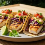 Three grilled fish tacos on charred corn tortillas topped with flaky mahi-mahi, purple cabbage slaw, sliced avocado, and chipotle crema on a rustic plate.