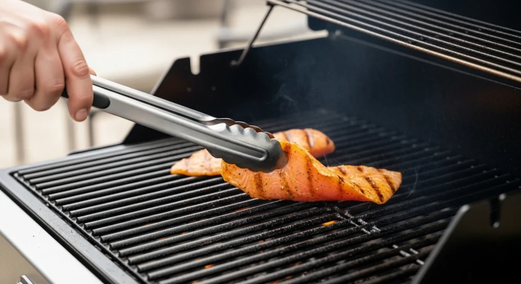 A fork gently flaking perfectly cooked, moist white fish with dark grill marks to prepare the filling for the best grilled fish tacos recipe.