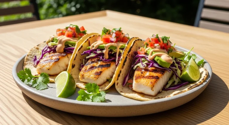 Three grilled fish tacos on charred corn tortillas topped with flaky mahi-mahi, purple cabbage slaw, sliced avocado, and chipotle crema on a rustic plate.
