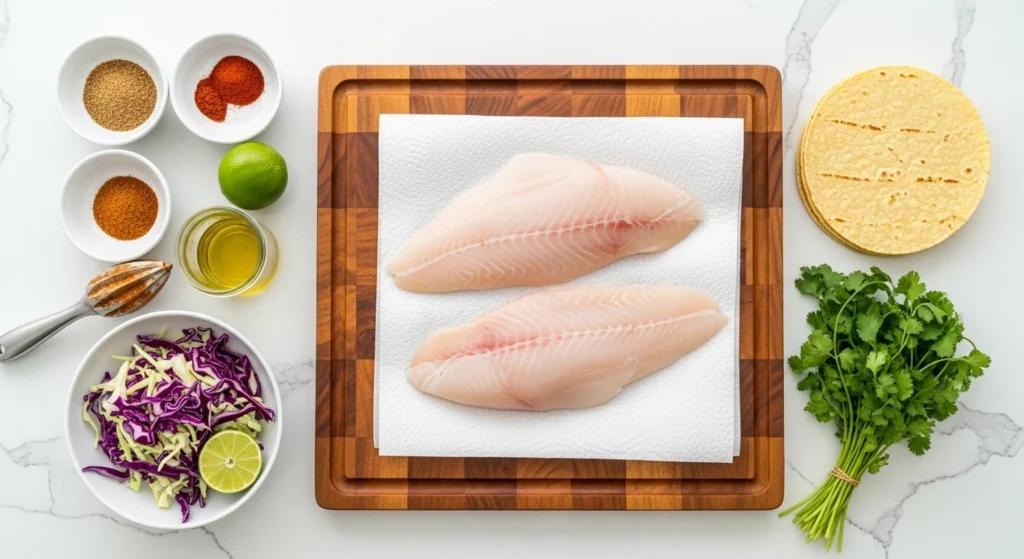 An overhead view of ingredients for easy fish tacos on the grill, including raw white fish fillets, fresh lime, taco spices, shredded cabbage, and corn tortillas.