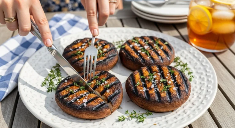 A woman's hands using a knife and fork to slice into a juicy, cross-hatched grilled portobello mushroom topped with fresh thyme and sea salt on a white platter at a sunny outdoor BBQ.