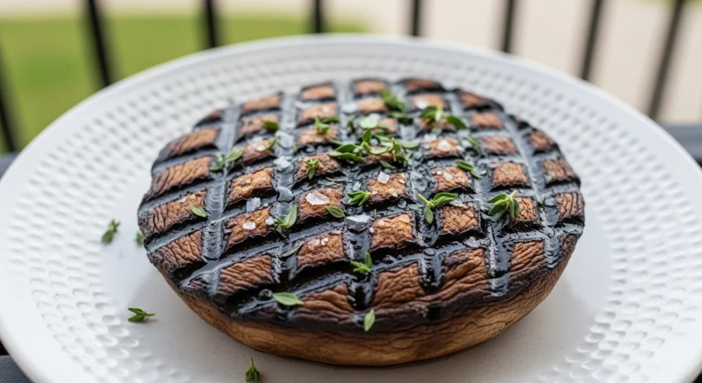A beautiful close-up of a perfectly glazed grilled portobello mushroom with cross-hatch grill marks, garnished with flaky salt and fresh thyme, making one of the best healthy summer side dishes.