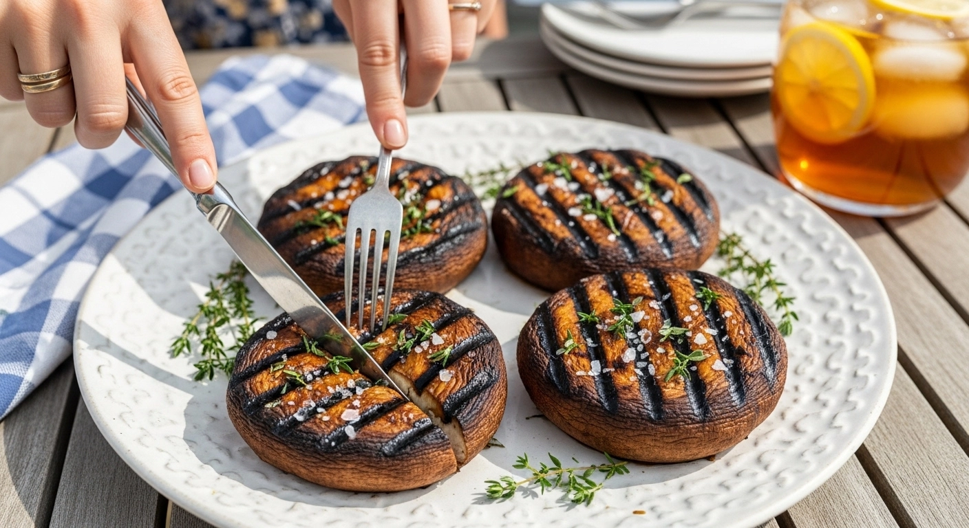 A woman's hands using a knife and fork to slice into a juicy, cross-hatched grilled portobello mushroom topped with fresh thyme and sea salt on a white platter at a sunny outdoor BBQ.