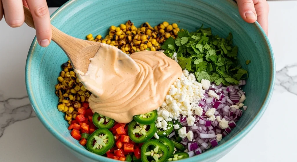 A wooden spoon tossing charred corn, diced veggies, and creamy dressing together in a bowl to show how to make street corn salad at home.