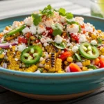 A large turquoise bowl filled with fresh Mexican street corn chopped salad topped with crumbled cotija cheese and cilantro on a sunny patio table.