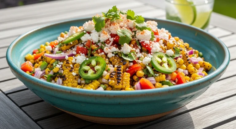 A large turquoise bowl filled with fresh Mexican street corn chopped salad topped with crumbled cotija cheese and cilantro on a sunny patio table.