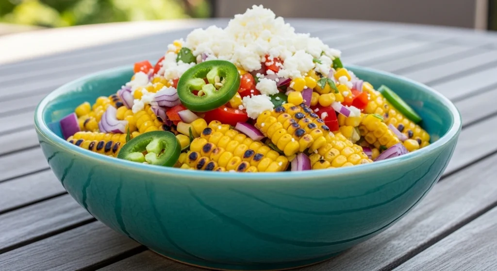 A close-up of vibrant Mexican corn salad with cotija cheese, charred corn, and crunchy red bell peppers in a rustic ceramic bowl ready to serve at a BBQ.