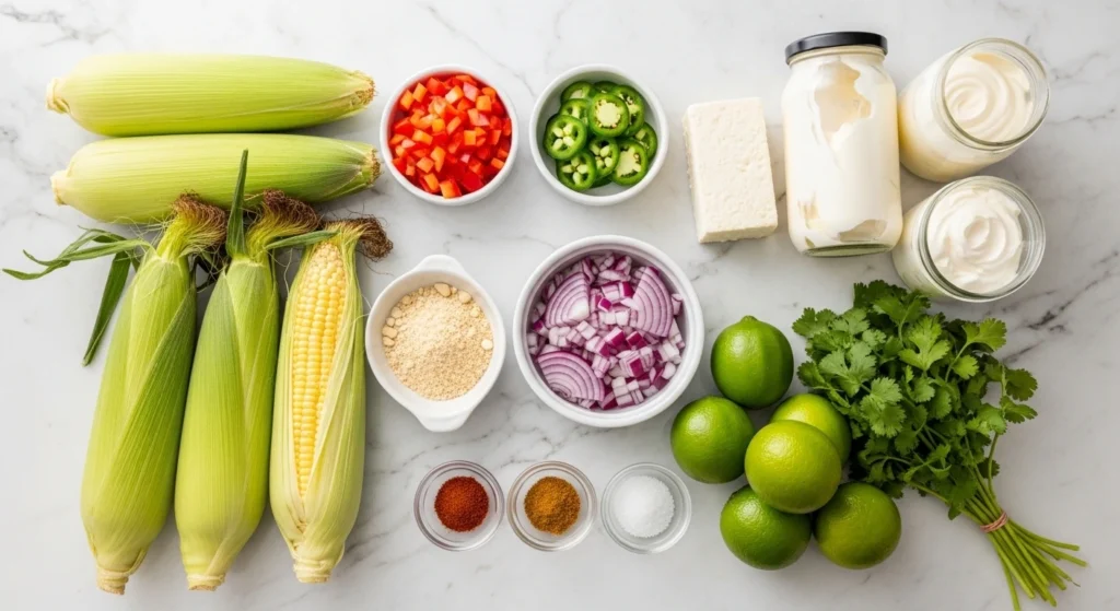 Fresh ingredients laid out to make a healthy summer corn salad recipe, including sweet corn, red bell pepper, red onion, jalapeño, limes, and spices.