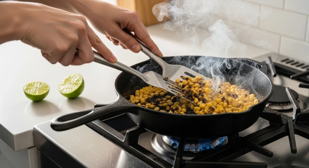 Cooking sweet corn kernels in a smoking hot cast-iron skillet to get a beautiful smoky char for an easy esquites corn salad.