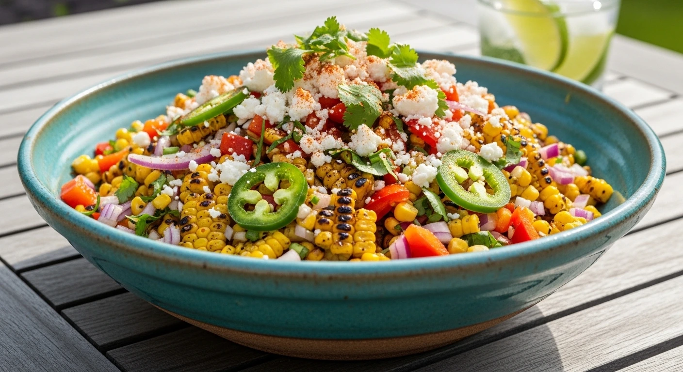 A large turquoise bowl filled with fresh Mexican street corn chopped salad topped with crumbled cotija cheese and cilantro on a sunny patio table.