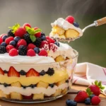 A candid, naturally lit photo looking slightly down at a large glass dish filled with a stunning layered mixed berry trifle, featuring angel food cake, vanilla pudding, cream cheese, and fresh berries on a sunny patio table.