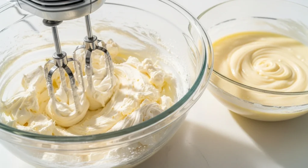 A close-up action shot of a hand mixer blending softened cream cheese, sugar, and vanilla to create a silky, smooth layer for a no-bake berry dessert.
