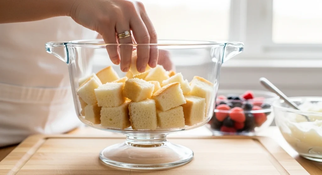 A brightly lit photo showing a woman's hand placing airy cubes of cake into the bottom of a glass dish to start assembling an easy angel food cake trifle.