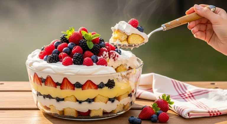 A candid, naturally lit photo looking slightly down at a large glass dish filled with a stunning layered mixed berry trifle, featuring angel food cake, vanilla pudding, cream cheese, and fresh berries on a sunny patio table.