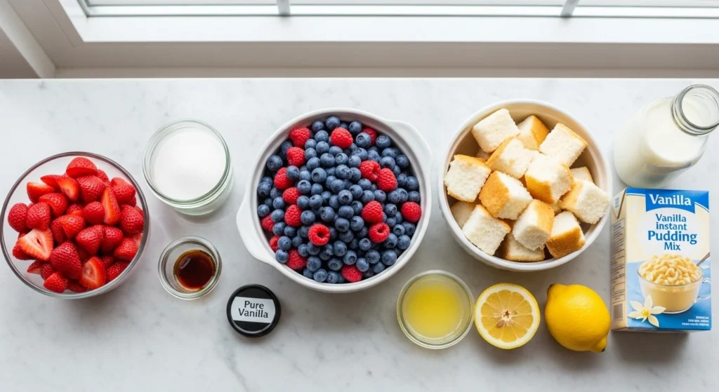 An overhead flat-lay of the fresh ingredients used to make easy summer dessert recipes, featuring cubed angel food cake, fresh strawberries, blueberries, cream cheese, and vanilla pudding mix on a marble counter.