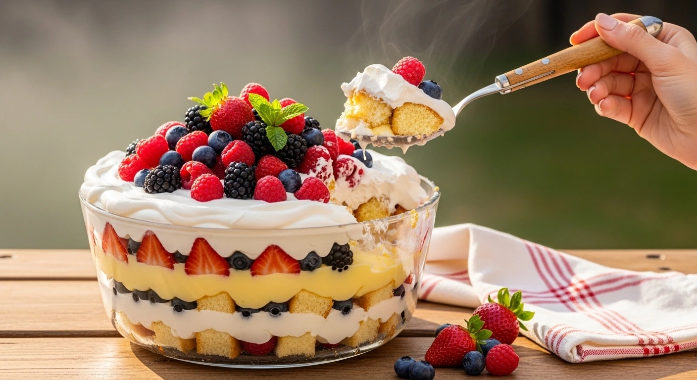 A candid, naturally lit photo looking slightly down at a large glass dish filled with a stunning layered mixed berry trifle, featuring angel food cake, vanilla pudding, cream cheese, and fresh berries on a sunny patio table.