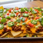 A candid, naturally lit photo of a person wearing an oven mitt sliding a massive, gooey layer of hot melted cheese and ground beef directly from a baking pan onto a bed of fresh, crispy tortilla chips.