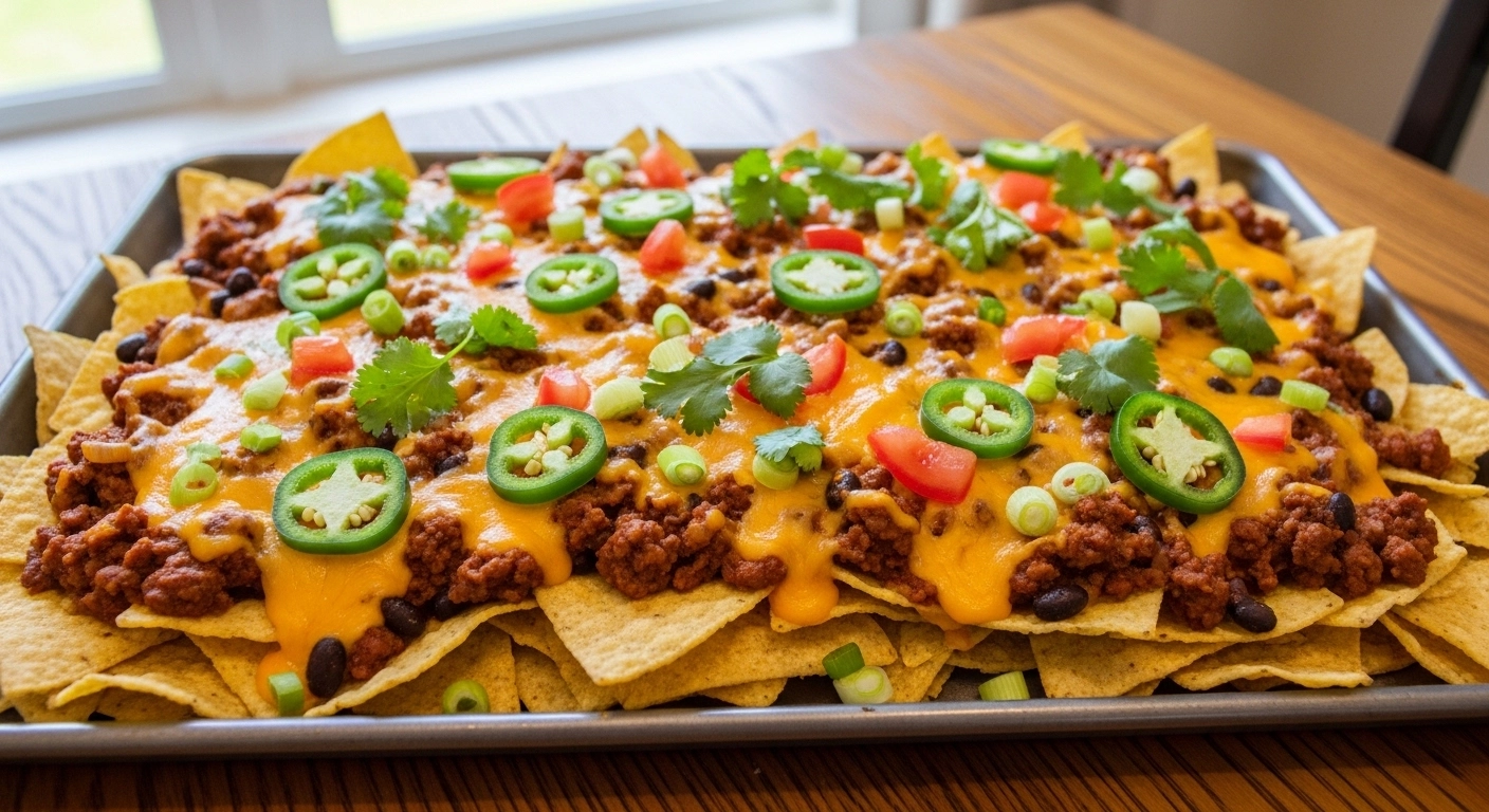 A candid, naturally lit photo of a person wearing an oven mitt sliding a massive, gooey layer of hot melted cheese and ground beef directly from a baking pan onto a bed of fresh, crispy tortilla chips.