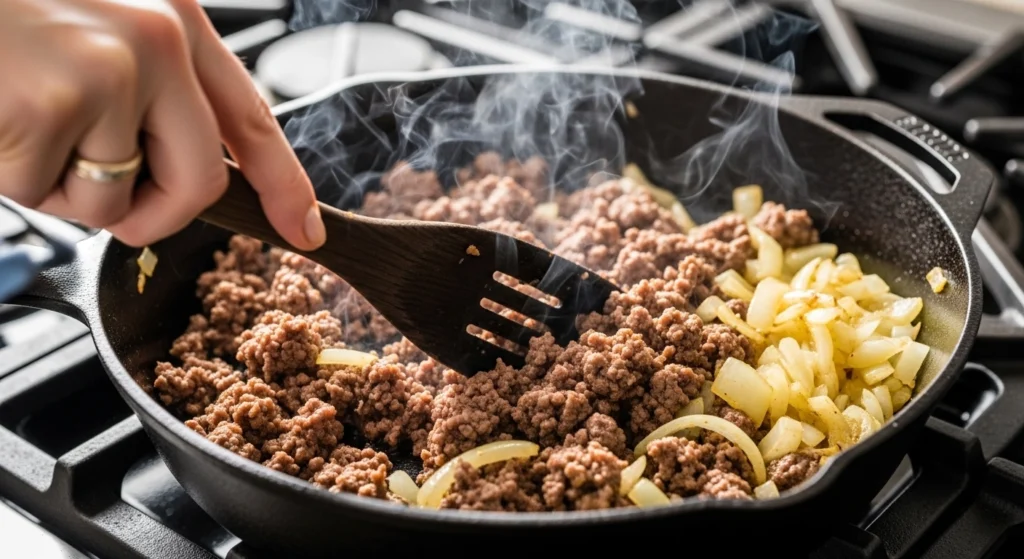 A close-up action shot of a person using a wooden spatula to brown ground beef and diced onions in a hot cast-iron skillet to make easy game day nachos.
