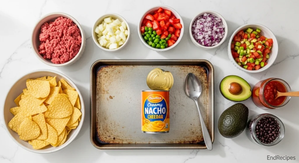 An overhead flat-lay of fresh ingredients for the sliding cheese nachos hack, including tortilla chips, ground beef, canned nacho cheese, black beans, and tomatoes on a bright kitchen counter.