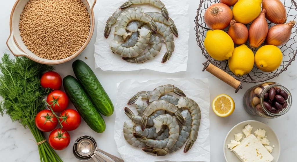 Fresh ingredients laid out for a healthy shrimp farro bowl, including raw colossal shrimp, uncooked farro, lemons, English cucumber, Roma tomatoes, Kalamata olives, and feta cheese.