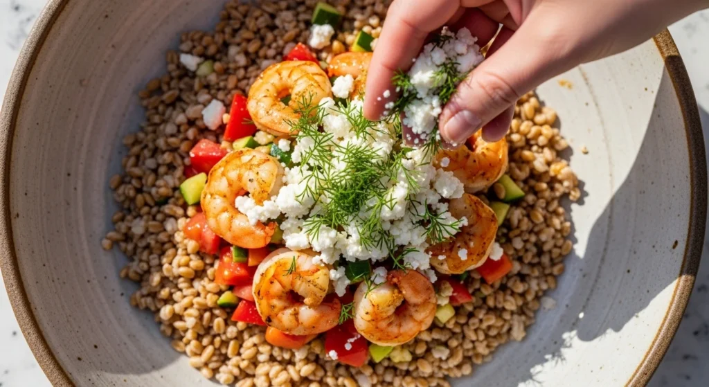 Sprinkling crumbled white feta cheese and fresh green dill over a vibrant cucumber tomato feta grain bowl loaded with roasted shrimp.