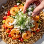 Sprinkling crumbled white feta cheese and fresh green dill over a vibrant cucumber tomato feta grain bowl loaded with roasted shrimp.